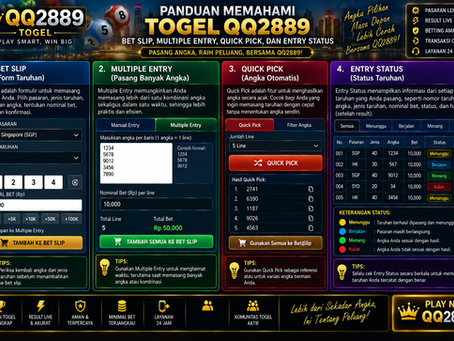 Dashboard Togel QQ2889 dengan panel bet slip, daftar multiple entry, tombol quick pick, dan indikator entry status dalam satu tampilan.