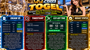 Ilustrasi Togel QQ2889 dengan dashboard hasil undian digital, Draw ID, Timestamp, Cut-Off Time, dan indikator Result Status.