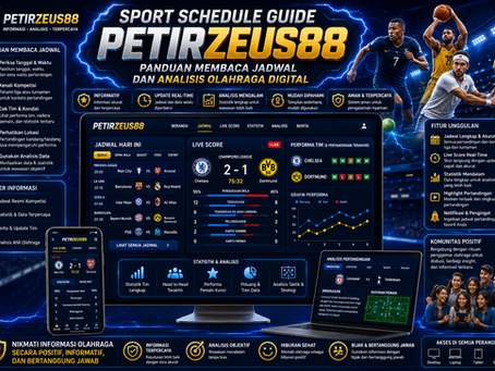 Sportsbook PetirZeus88 menampilkan dashboard jadwal dan pasaran olahraga digital dengan live score, statistik pertandingan, efek petir biru emas, dan tampilan mobile friendly