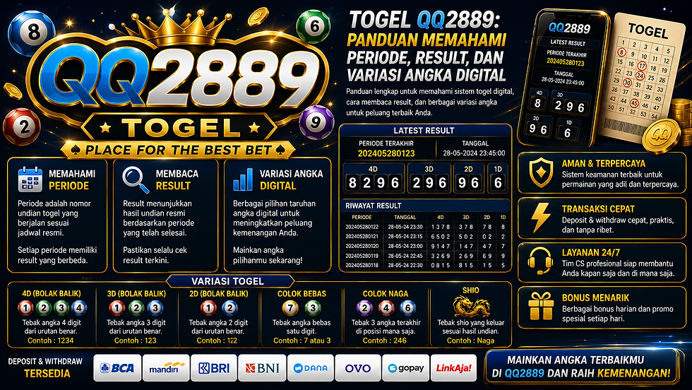 Togel QQ2889 menampilkan periode data, result angka digital, variasi angka, tabel numerik, arsip historis, panel statistik, elemen angka futuristik, aksen biru emas, dan tampilan mobile friendly
