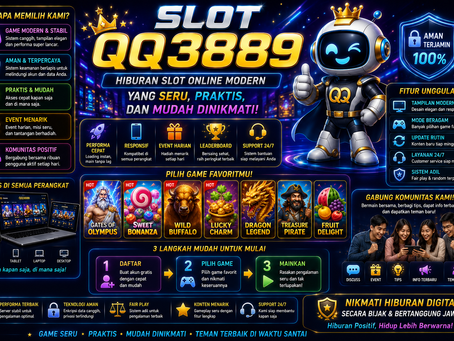 Slot QQ3889 menampilkan slot digital modern dengan gulungan virtual, simbol interaktif, aksen biru emas, dan teknologi RNG