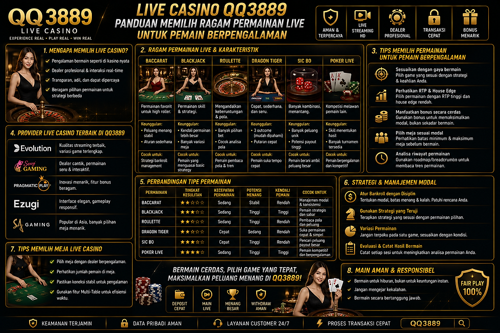Ilustrasi Live Casino QQ3889 yang menampilkan beberapa pilihan meja live, dealer langsung, panel informasi, dan fitur permainan digital.
