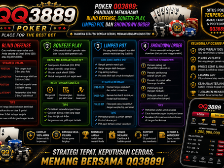 Poker QQ3889 menampilkan blind defense, squeeze play, limped pot, showdown order, kartu komunitas, dan dashboard poker mobile friendly