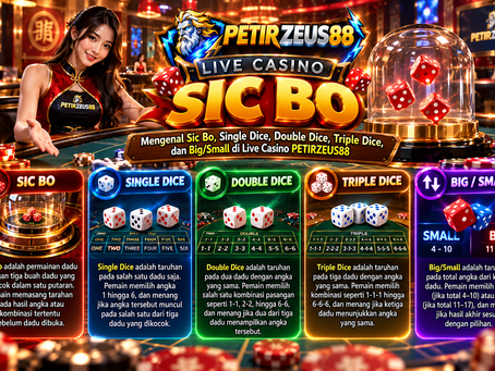 Ilustrasi Live Casino PETIRZEUS88 dengan meja Sic Bo, tiga dadu, serta kategori Single Dice, Double Dice, Triple Dice, dan Big/Small.