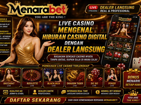 Live Casino Menarabet menampilkan hiburan casino digital dengan dealer langsung, meja interaktif, kamera HD, streaming real-time, aksen biru emas, dan tampilan mobile friendly