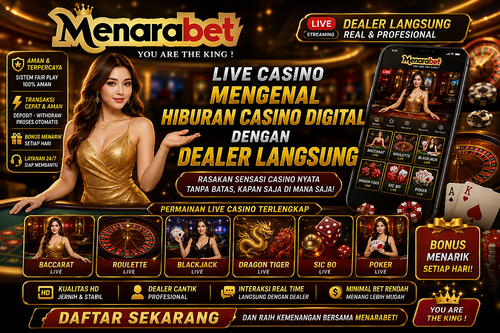 Live Casino Menarabet menampilkan hiburan casino digital dengan dealer langsung, meja interaktif, kamera HD, streaming real-time, aksen biru emas, dan tampilan mobile friendly
