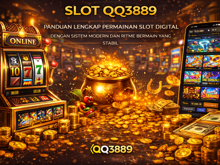 Gambar panduan bermain Slot QQ3889: menampilkan mesin slot digital, koin emas, dan smartphone dengan sistem modern dan ritme bermain stabil.