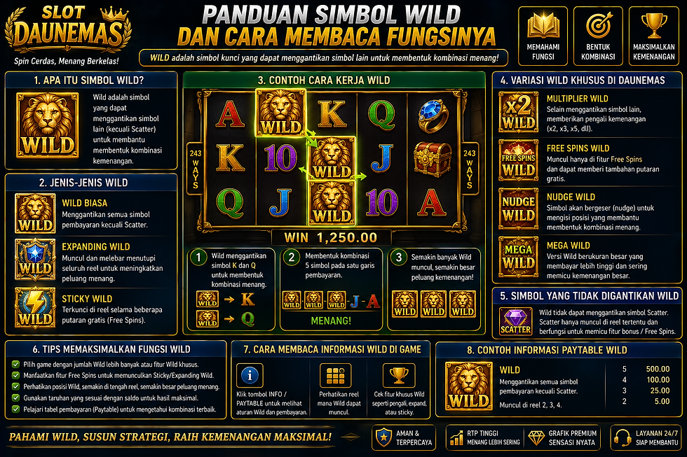 Ilustrasi Slot Daunemas yang menampilkan simbol Wild pada reel, kombinasi simbol, dan panel informasi permainan digital.