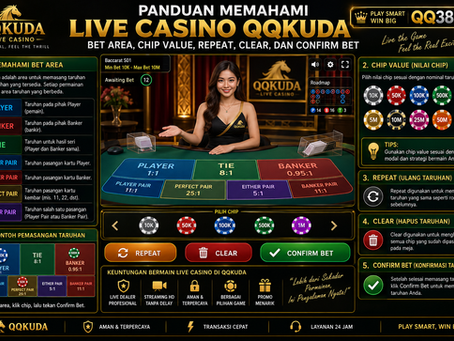 Tampilan meja Live Casino QQKUDA dengan area taruhan, pilihan nilai chip, dan tombol Repeat, Clear, serta Confirm Bet pada panel kontrol.