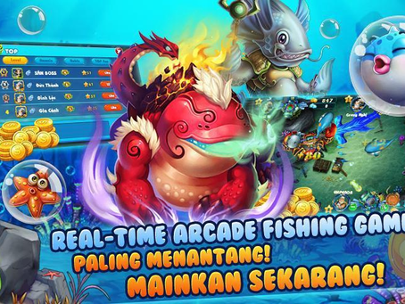 Game Fishing QQ2889 arcade tembak ikan dengan monster laut besar, koin emas, dan efek bawah laut penuh aksi