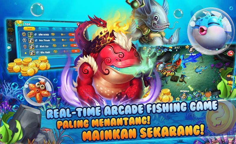 Game Fishing QQ2889 arcade tembak ikan dengan monster laut besar, koin emas, dan efek bawah laut penuh aksi