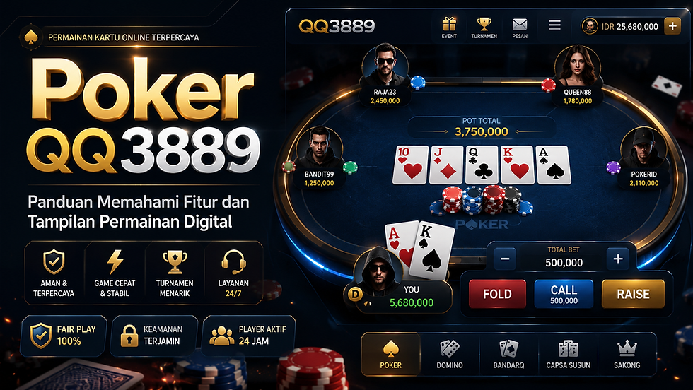 Ilustrasi tampilan meja Poker QQ3889 dengan kartu, panel tindakan, informasi giliran, dan antarmuka permainan digital.