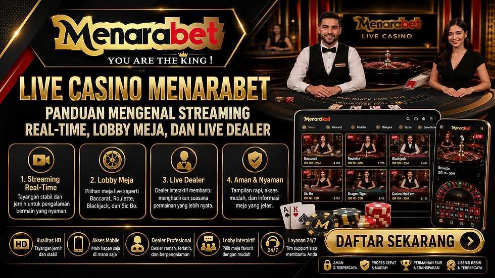 Live Casino Menarabet menampilkan streaming real-time, lobby meja, live dealer, indikator kualitas video, fitur riwayat, dan tampilan mobile