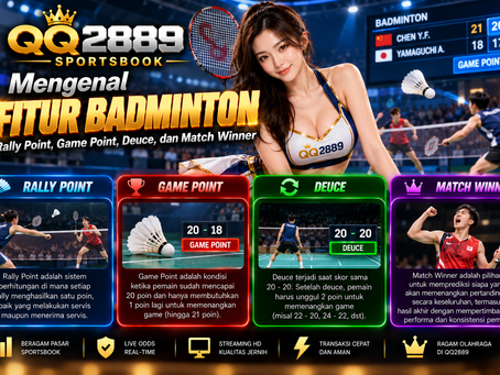 Ilustrasi Sportsbook QQ2889 menampilkan pertandingan badminton dengan Rally Point, Game Point, Deuce, dan Match Winner