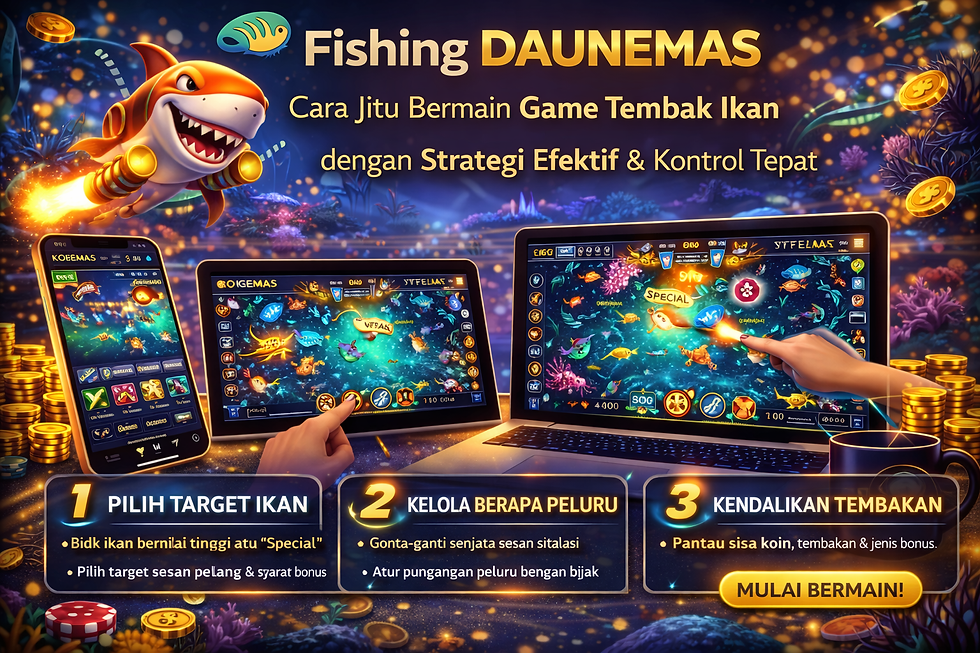 Gambar Fishing DAUNEMAS menampilkan permainan tembak ikan digital dengan smartphone, tablet, dan desktop, menyoroti strategi efektif, kontrol tembakan, dan target ikan di layar.