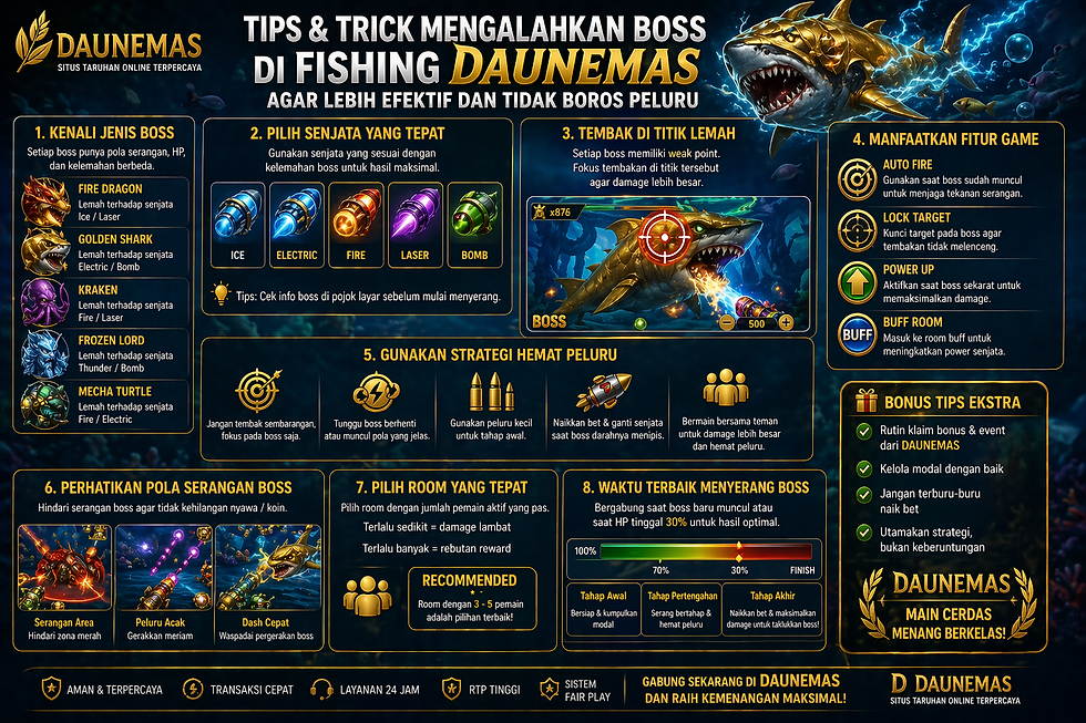 Ilustrasi permainan Fishing DAUNEMAS menampilkan pemain menyerang boss dengan senjata, peluru terkontrol, dan indikator kesehatan boss yang jelas.