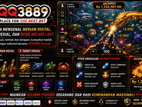 Fishing QQ3889 menampilkan meriam digital, target spesial, mode arcade laut, ikan digital, efek cahaya bawah laut, aksen biru emas, dan tampilan mobile friendly