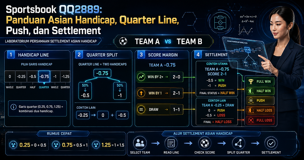 Ilustrasi market sepak bola yang menampilkan Asian Handicap, garis Quarter Line seperti 0.25 dan 0.75, indikator Push, serta panel Settlement hasil pertandingan.