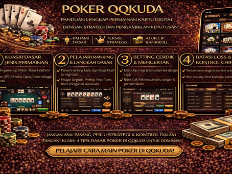 Tampilan antarmuka permainan Poker QQKUDA digital dengan panduan strategi dasar, ranking kartu, tips betting cerdik, dan kontrol bankroll. Menampilkan chip, kartu poker, dan layar permainan interaktif.
