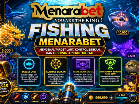 Fishing Menarabet menampilkan target laut, kontrol bidikan, hiburan arcade digital, ikan digital, efek cahaya bawah laut, aksen biru emas, dan tampilan mobile friendly