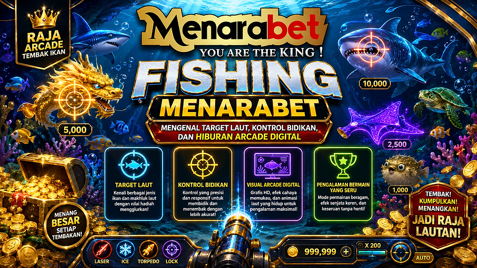 Fishing Menarabet menampilkan target laut, kontrol bidikan, hiburan arcade digital, ikan digital, efek cahaya bawah laut, aksen biru emas, dan tampilan mobile friendly