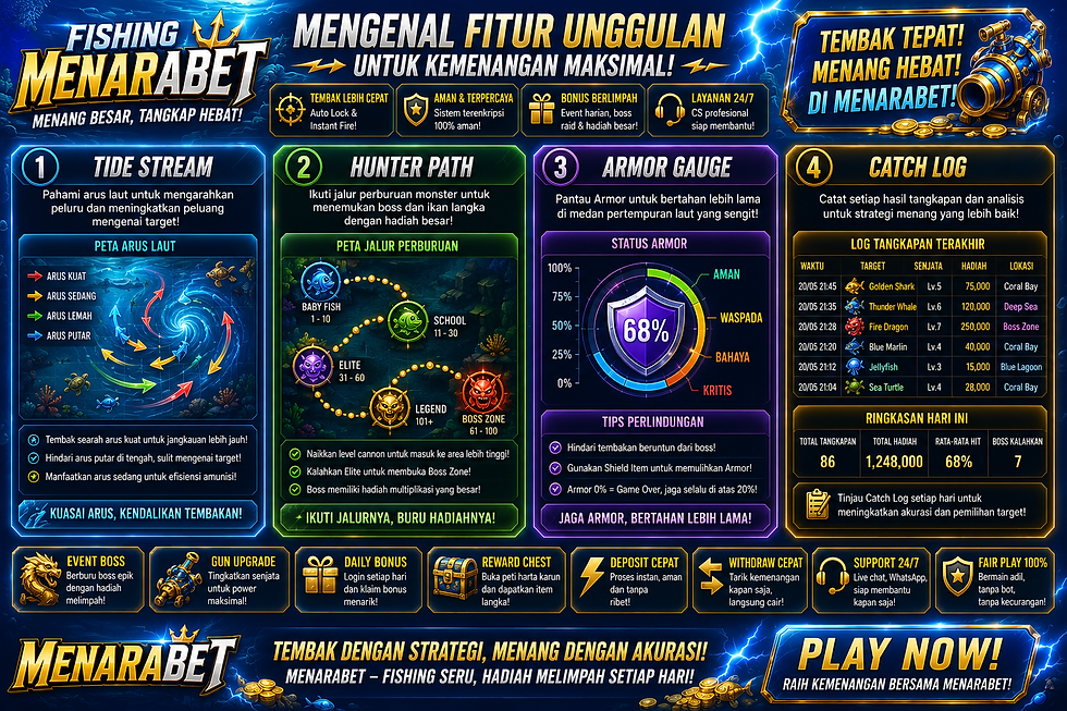 Fishing Menarabet menampilkan tide stream, hunter path, armor gauge, catch log, target laut bergerak, dan kontrol mobile