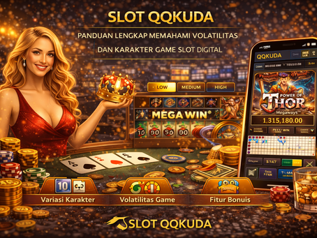 Ilustrasi permainan Slot QQKUDA menampilkan pemain perempuan memegang mahkota, mesin slot digital, smartphone menampilkan game slot, chip, koin, dan efek cahaya kasino.