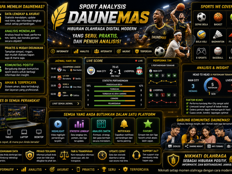 Sportsbook DAUNEMAS menampilkan dashboard olahraga digital modern dengan live score, statistik pertandingan, grafik analisis, data real-time, dan aksen emas