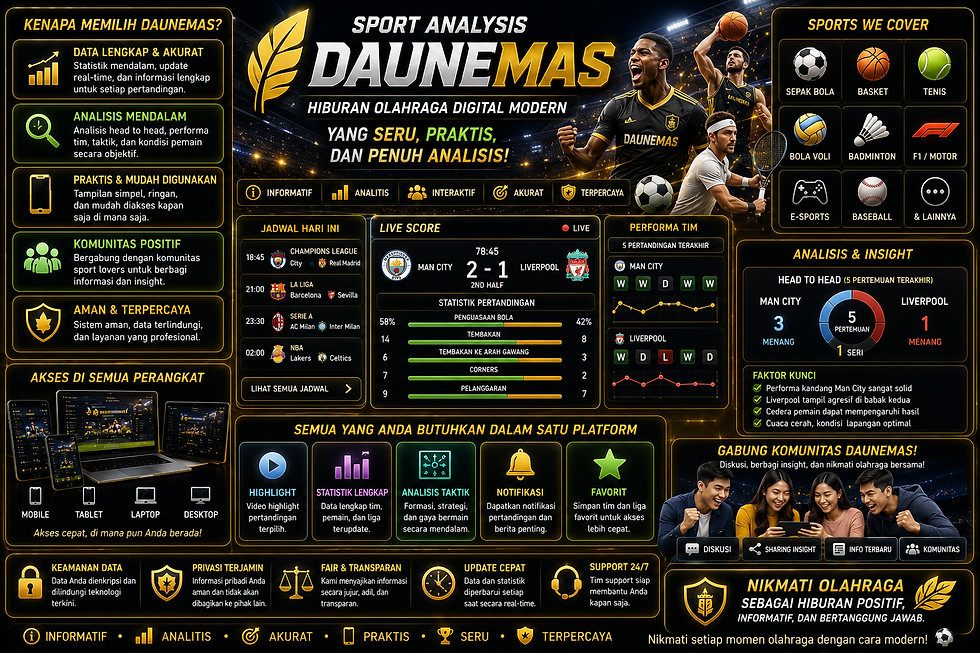 Sportsbook DAUNEMAS menampilkan dashboard olahraga digital modern dengan live score, statistik pertandingan, grafik analisis, data real-time, dan aksen emas