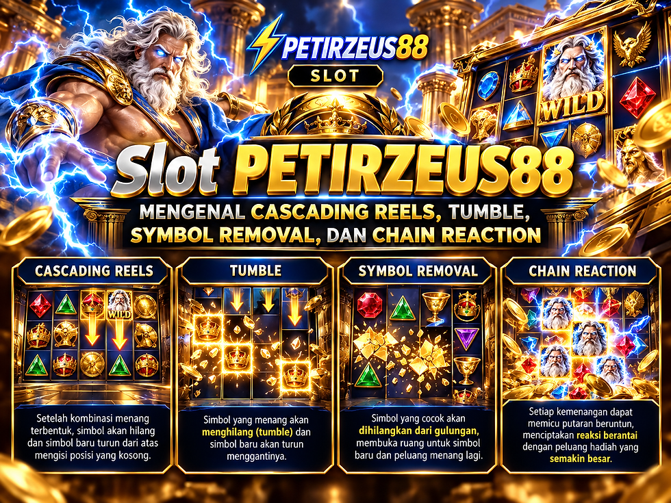 Ilustrasi Slot PETIRZEUS88 dengan mekanisme Cascading Reels, efek Tumble, Symbol Removal, dan Chain Reaction pada reel permainan.