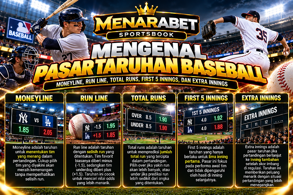 Sportsbook MENARABET menampilkan pertandingan baseball dengan Moneyline, Run Line, Total Runs, First 5 Innings dan Starting Pitcher