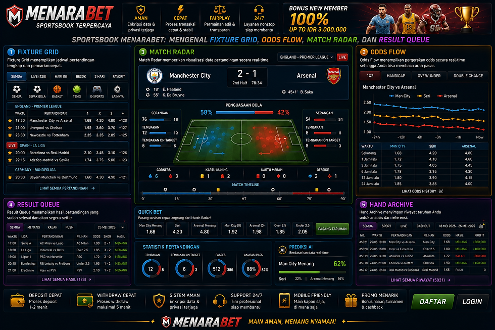 Sportsbook Menarabet menampilkan fixture grid, odds flow, match radar, result queue, statistik bola, dan dashboard sepak bola mobile friendly