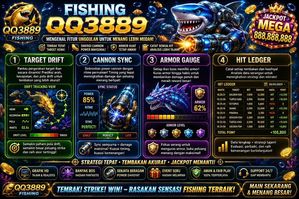 Fishing QQ3889 menampilkan target drift, cannon sync, armor gauge, hit ledger, target laut bergerak, dan kontrol mobile