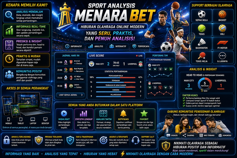 Sportsbook Menarabet menampilkan dashboard olahraga digital modern dengan live score, statistik pertandingan, grafik analisis, dan data real-time