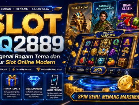 Slot QQ2889 menampilkan ragam tema slot online modern dengan gulungan simbol digital, fitur interaktif, teknologi RNG, elemen angka futuristik, aksen biru emas, dan tampilan mobile friendly