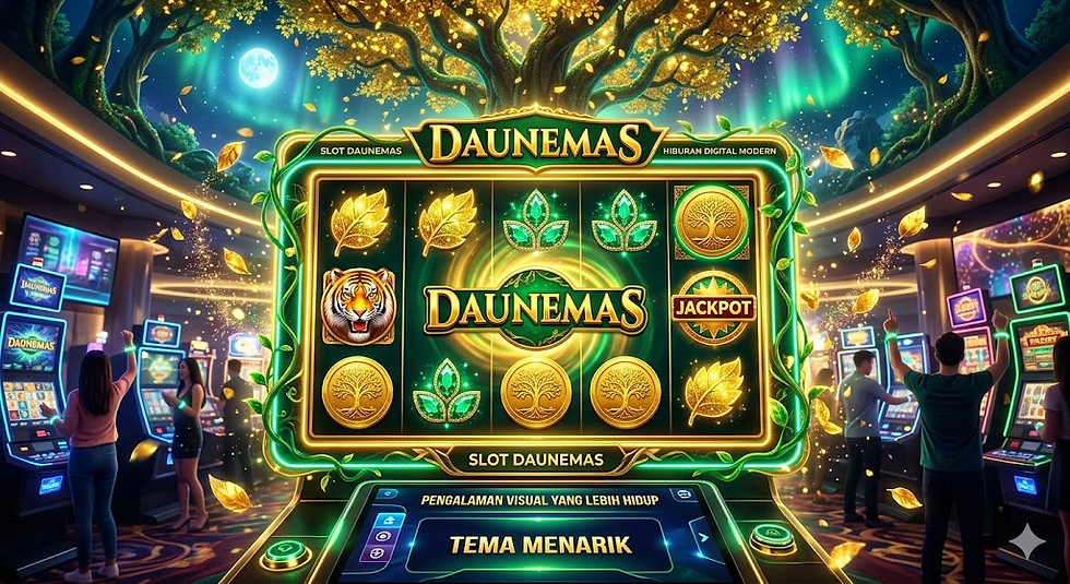 Slot Daunemas dengan tampilan reel modern, simbol bonus, efek visual futuristik, dan tema permainan digital yang menarik.
