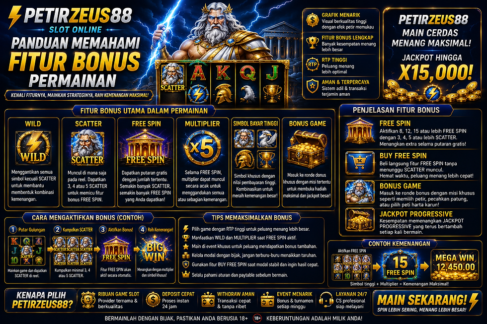 Ilustrasi tampilan Slot PetirZeus88 dengan reel, simbol bonus, free spins, multiplier, dan panel informasi permainan digital.