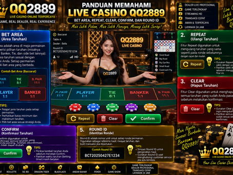 Panel meja Live Casino QQ2889 yang memperlihatkan Bet Area, tombol Repeat, Clear dan Confirm, serta informasi Round ID pada bagian status ronde.