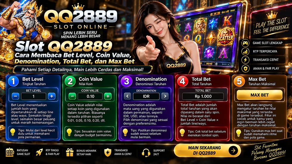 Slot QQ2889 menampilkan Bet Level Coin Value Denomination Total Bet dan Max Bet