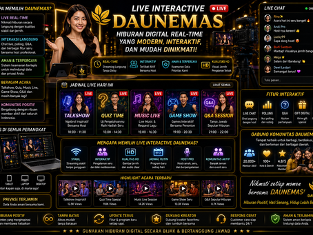 Live Casino DAUNEMAS menampilkan teknologi live dealer real-time dengan studio modern, kamera HD, live chat, aksen emas, dan antarmuka interaktif
