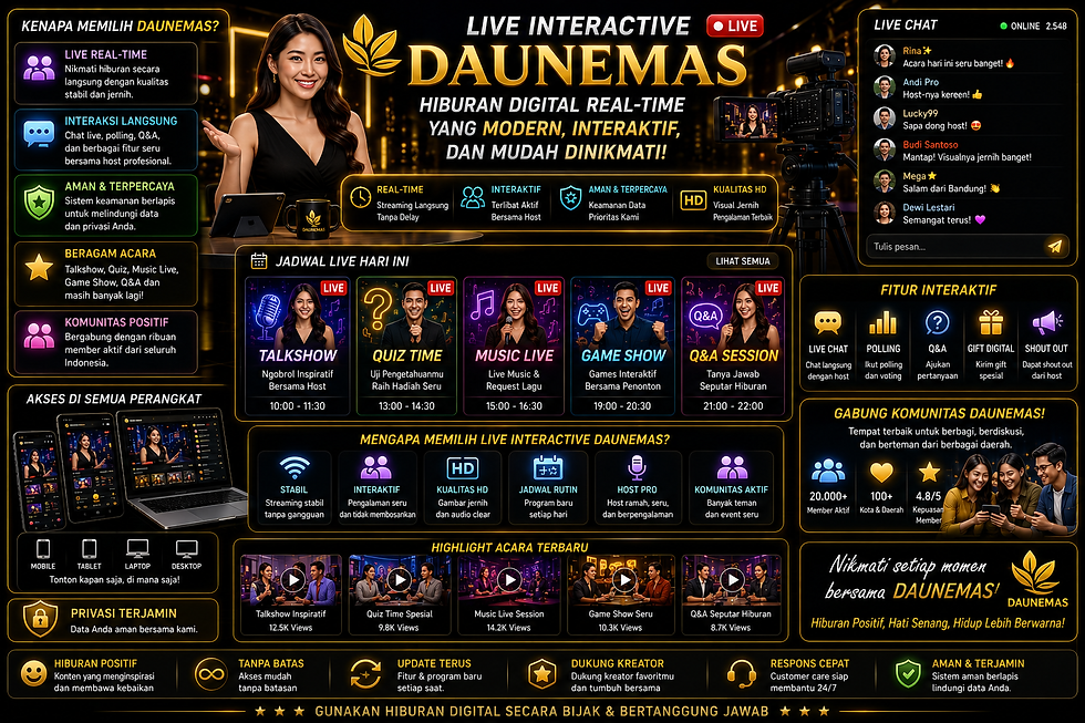 Live Casino DAUNEMAS menampilkan teknologi live dealer real-time dengan studio modern, kamera HD, live chat, aksen emas, dan antarmuka interaktif