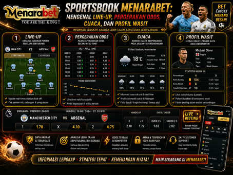 Sportsbook Menarabet menampilkan line-up, pergerakan odds, cuaca pertandingan, profil wasit, statistik bola, dan dashboard sepak bola mobile friendly