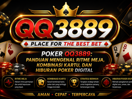 Poker QQ3889 menampilkan ritme meja, kombinasi kartu poker, meja virtual, posisi pemain, dealer button, kartu digital, elemen angka futuristik, aksen biru emas, dan tampilan mobile friendly