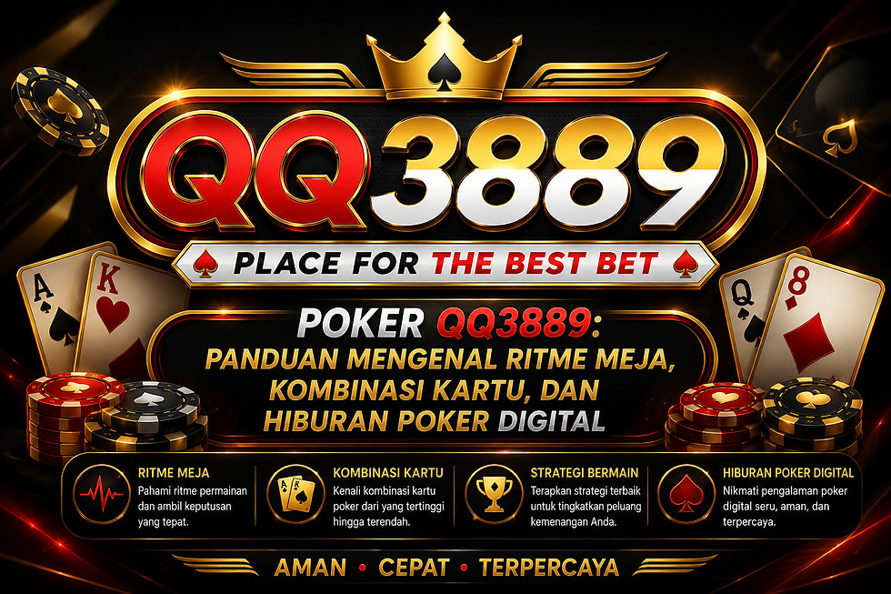 Poker QQ3889 menampilkan ritme meja, kombinasi kartu poker, meja virtual, posisi pemain, dealer button, kartu digital, elemen angka futuristik, aksen biru emas, dan tampilan mobile friendly