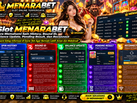 Ilustrasi Slot MENARABET dengan mesin Slot digital, panel Spin History, informasi Round ID, perubahan saldo, dan indikator koneksi.