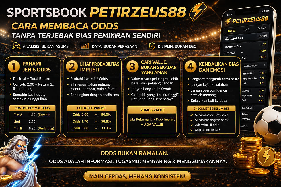 Gambar Sportsbook PETIRZEUS88 menampilkan panduan membaca odds tanpa bias: pahami jenis odds, lihat probabilitas implisit, cari value, kendalikan bias dan emosi, analisis statistik dan data sebelum bertaruh.