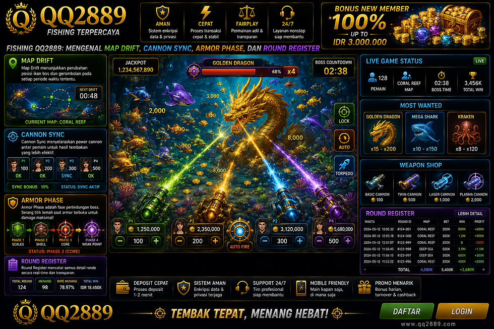 Fishing QQ2889 menampilkan map drift, cannon sync, armor phase, round register, target laut bergerak, dan kontrol mobile