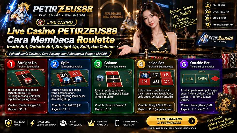 Meja Roulette Live Casino PetirZeus88 dengan Inside Bet Outside Bet Straight Up Split Dozen dan Column