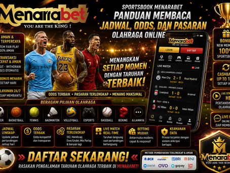 Sportsbook Menarabet menampilkan jadwal olahraga, odds, pasaran olahraga online, live score, statistik pertandingan, dashboard digital biru emas, dan tampilan mobile friendly