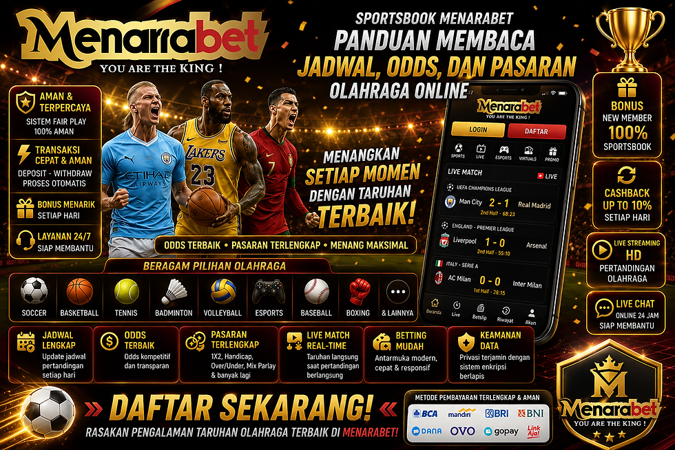 Sportsbook Menarabet menampilkan jadwal olahraga, odds, pasaran olahraga online, live score, statistik pertandingan, dashboard digital biru emas, dan tampilan mobile friendly